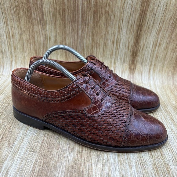 Mezlan Acapulco Men's 8.5 Brown Woven Leather Genuine Crocodile Cap Toe Oxfords